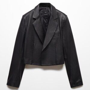 New Mango 100% Sheep Ovine Leather Cropped Black Jacket Medium NWT